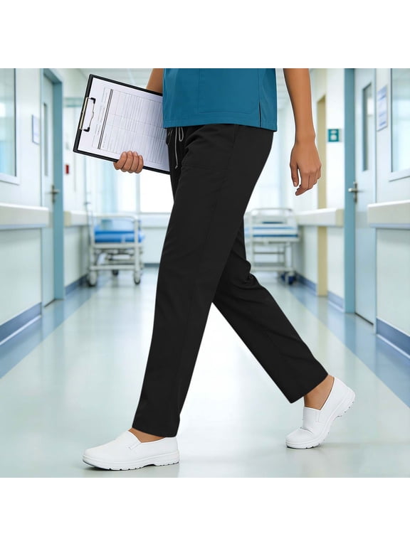 Scrub Pants for Women Elastic Waist Straight Leg Scrubs 4 Way Stretch Drawstring Medical Bottoms with Pockets Black L