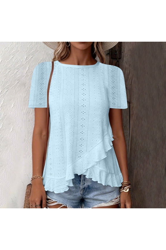 Short Sleeve Eyelet Blouses Women Puff Short Sleeve Peplum Shirts Summer Casual Travel Tops Sky Blue XL