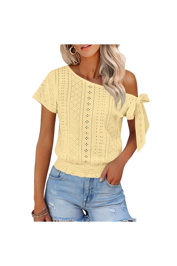 Short Sleeve Eyelet Tops Women Off Shoulder Knot Bow Blouses Elastic Cinch Bottom Boho Shirts Yellow XL