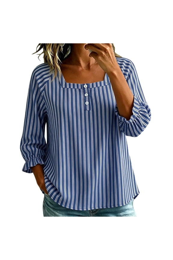 Striped Blouses for Women Ruffled 3/4 Sleeve Tops Square Neck Button Up Shirts for Fall Travel Blue M