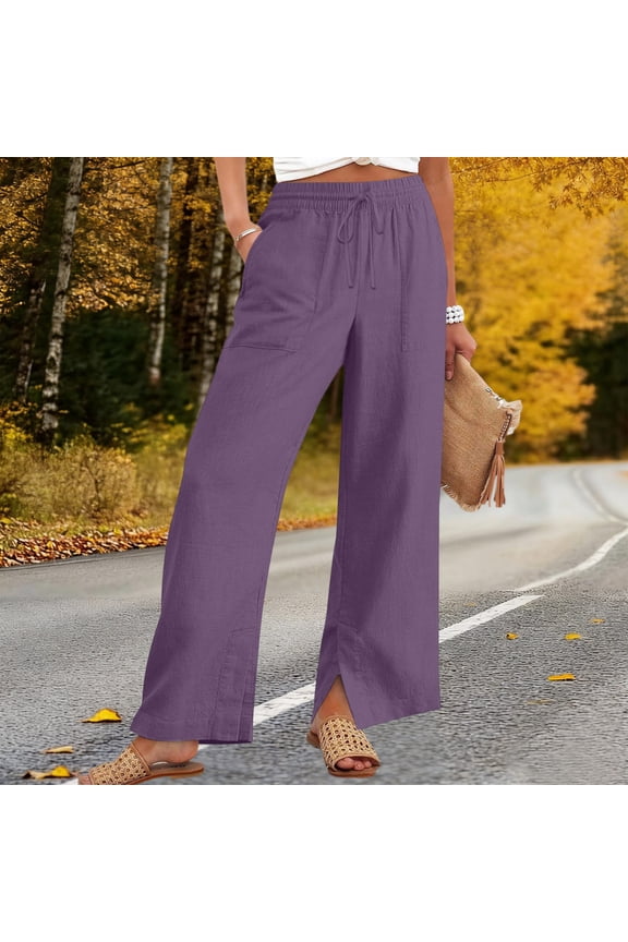 Summer Pants for Women Elastic Waist Palazzo Pant Casual Loose Drawstring Pockets Trousers with Split Hem Purple 4XL
