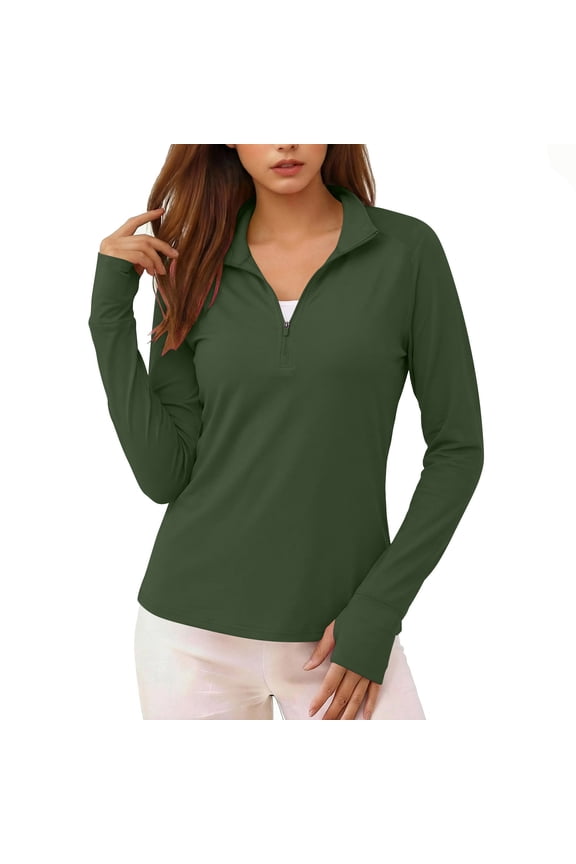 Sun Shirts for Women Protection SPF Quick Dry Shirts Long Slevee Stand Collar Quarter Zip T-shirts for Swim Hiking Runing Fishing Army Green S