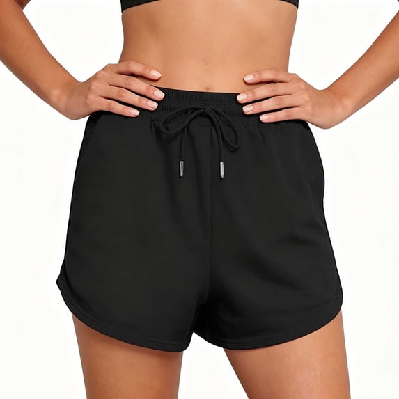 Oiangi Sweat Shorts with Pockets for Women Elastic Waist Drawstring Running Shorts Curved Hem Athletic Boxers Black 2XL