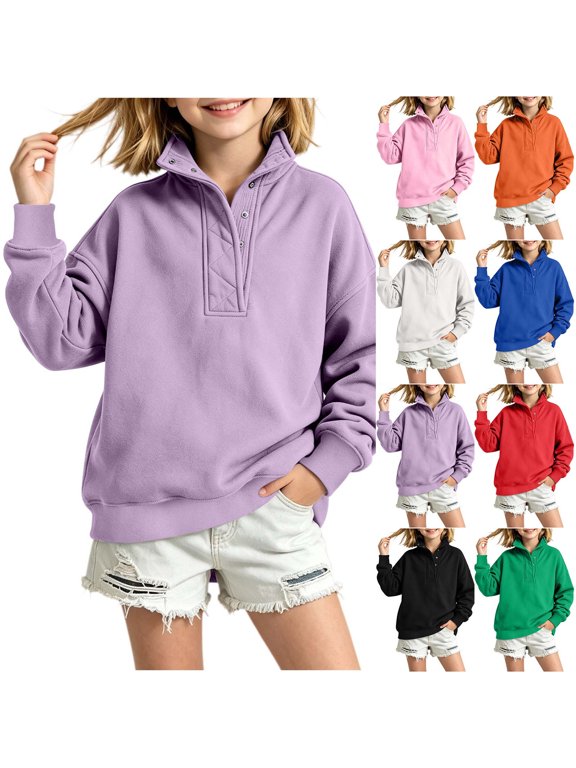 Sweatshirts for Girl Henley Neck Snap Collar Pullover Unisex Teen Sweatshirt for Fall Blue 170
