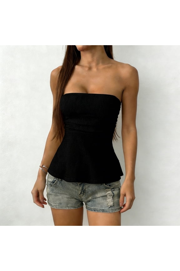 Tube Tops for Women Strapless Open Back Tank Tops Slim Fit Ruffled Swing Holiday Shirts Black 2XL