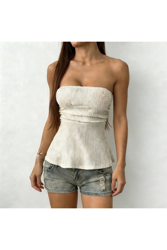 Tube Tops for Women Strapless Open Back Tank Tops Slim Fit Ruffled Swing Holiday Shirts White 2XL