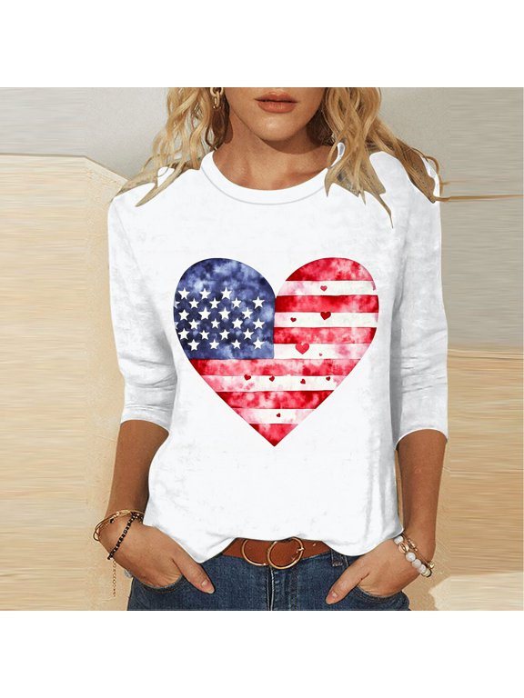 USA Flag Shirts Women Plus Size 3/15 Sleeve Crew Neck Tops Summer Memorial Day Graphic Tee Black L