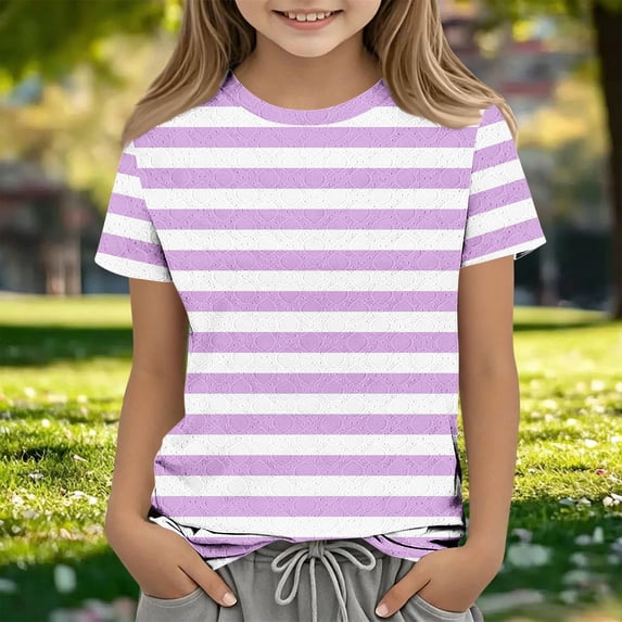 Oiangi Unisex Eyelet Striped T-Shirts Crew Neck Short Sleeve Tees Summer Basic School Uniform Purple 9 Years