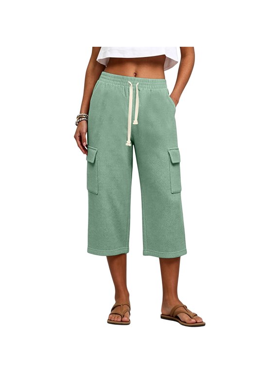 Waffle Knit Capri Pants with Cargo Pockets for Women Elastic Waist Drawstring Capris Casual Wide Leg Beach Pant Mint Green XL
