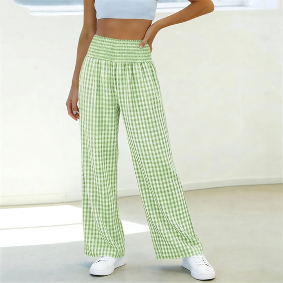 Oiangi Wide Leg Gingham Pants for Women Smocked Waist Palazzo Pant Fall Casual Loose Travel Trousers with Pockets Green L