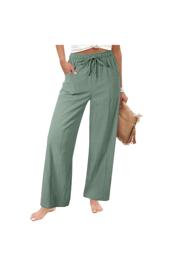 Wide Leg Pants for Women Casual Cotton Linen Palazzo Pants Drawstring Elastic Waist Trousers with Pockets for Summer Beach Vacation Mint Green S