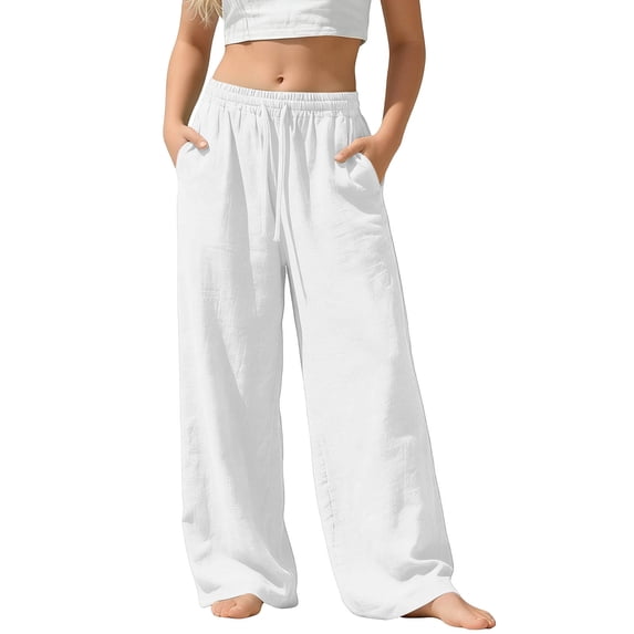 Oiangi Wide Leg Pants for Girl Elastic Waist Flowy Palazzo Pant Summer Holiday Beach Trousers with Pockets White 7 Years