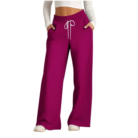 Oiangi Wide Leg Pants for Women Drawstring Elastic Waist Trousers Casual Loose Straight Leg Hem Pant with Pockets Wine 3XL