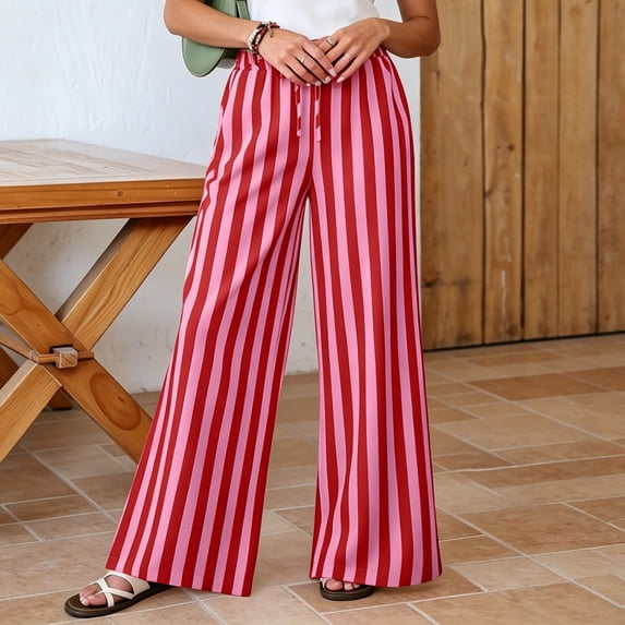 Oiangi Wide Leg Pants for Women Striped Elastic Waist Palazzo Pant Casual Drawstring Pockets Trousers for Fall Vacation Red XL