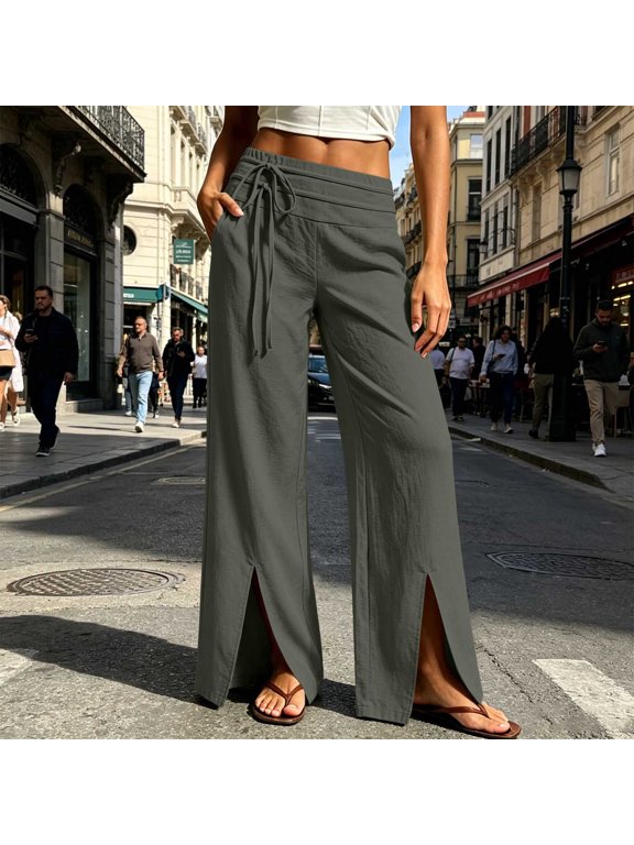 Wide Leg Slit Pants for Women High Waist Flowy Palazzo Pant Fall Casual Holiday Travel Trousers with Pockets Gray S