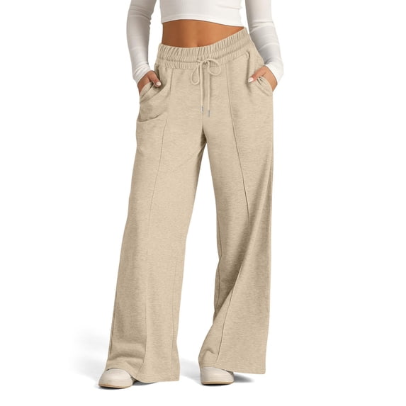 Oiangi Wide Leg Sweatpants for Women Elastic Waist Baggy Active Trousers with Pockets Khaki 2XL