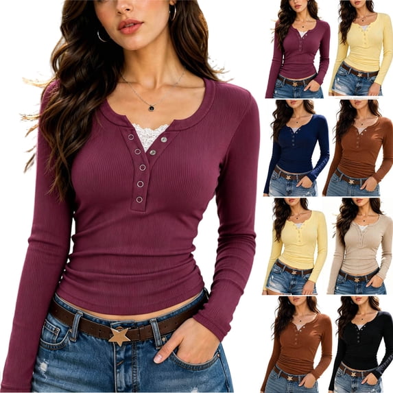 Oiangi Women Fall Long Sleeve Henley T-Shirts with Lace Trim Ribbed Knit Fitted Shirt Fairy Grunge Y2K Going Out Top Navy XL
