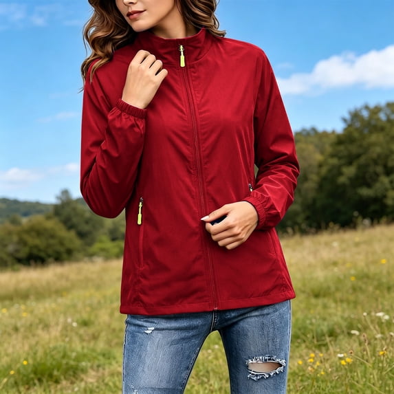 Oiangi Women Plus Size Zip-Up Windbreaker Stand Collar Lightweight Packable Jackets Outdoors Hiking Coat for Fall Winter Red 2XL