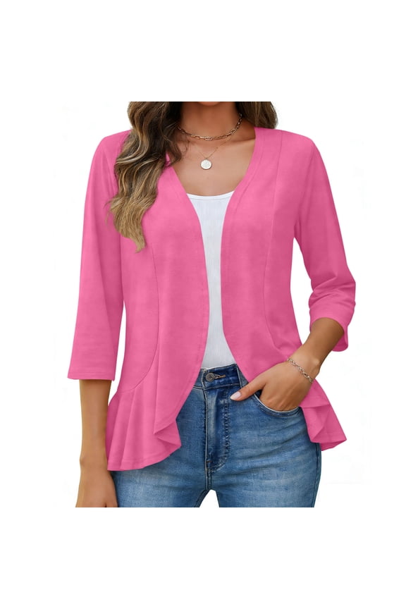 Women's 2026 Summer Cardigans 3/4 Sleeve Open Front Cardigan Draped Ruffles Kimono Coverups Hot Pink M