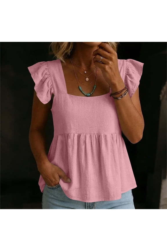 Women's Babydoll Tops Cap Sleeve Cotton Linen Blouses Square Neck Ruffled Flowy Going Out Shirts Pink M