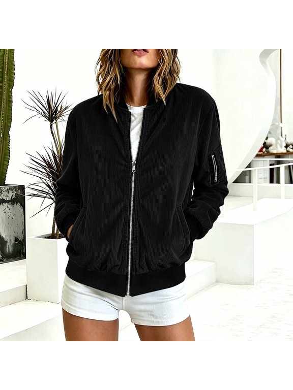 Women's Bomber Jackets Zip-Up Corduroy Comfort Warm Jacket Varsity Fashion Coat with Pockets Black L