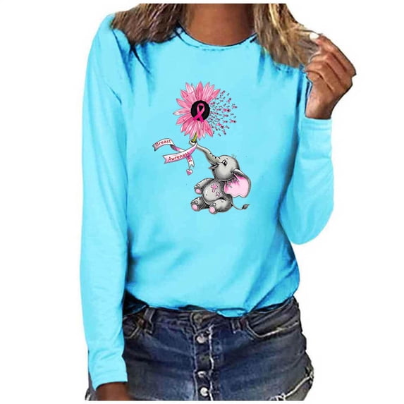 Oiangi Women's Breast Cancer Shirts Pink Ribbon Long Sleeve Crewneck T-Shirts Fall Casual Awareness Support Tops Blue S