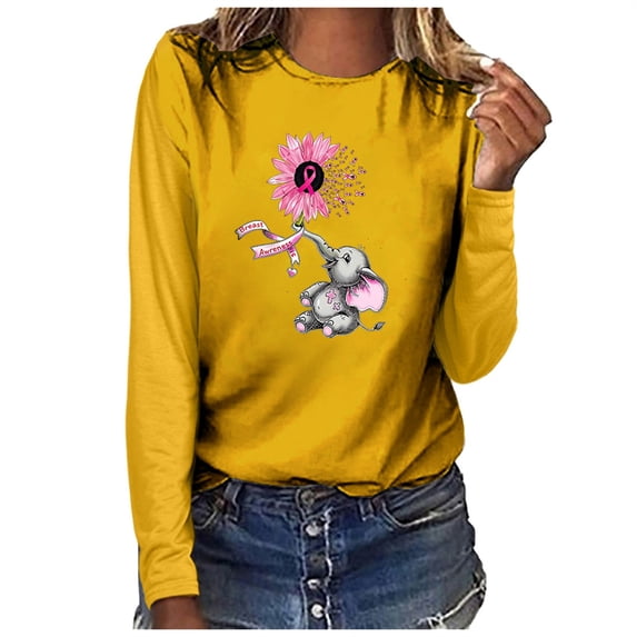 Oiangi Women's Breast Cancer Shirts Pink Ribbon Long Sleeve Crewneck T-Shirts Fall Casual Awareness Support Tops Yellow S