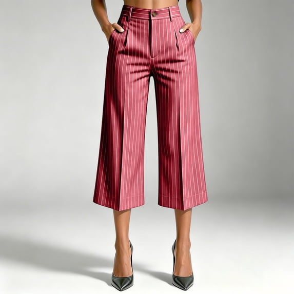 Oiangi Women's Capri Dress Pants Striped High Waisted Wide Leg Capris Casual Business Office Cropped Trousers with Pockets Red S
