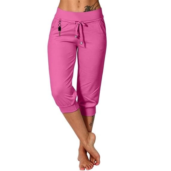 Oiangi Women's Capri Joggers with Pockets High Waist Stretch Capris Cinch Bottoms Drawstring Workout Pants Hot Pink L