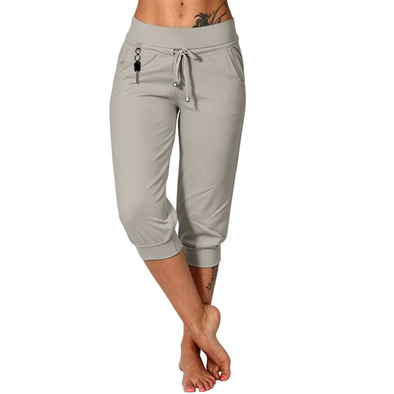Oiangi Women's Capri Joggers with Pockets High Waist Stretch Capris Cinch Bottoms Drawstring Workout Pants Khaki XL