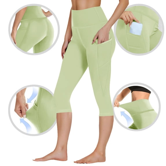 Oiangi Women's Capri Leggings with Pockets Yoga Capris Stretchy High Waist Workout Bottoms Skinny Cropped Trousers Green 2XL