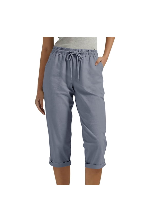 Women's Capris Cotton Linen Capri Pants Casual Elatic Waist Pockets Trousers with Foldover Hem Gray XL