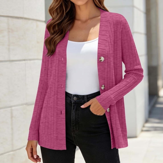 Oiangi Women's Cardigan Sweaters Long Sleeve Button Down Knit Cardigan Open Front Jumper Tops for Winter Warmth Pink XL