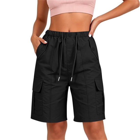Oiangi Women's Cargo Shorts Elastic Waist Drawstring Hiking Shorts Straight Leg Basic Knee Shorts with Multi-Pocket Black L