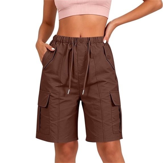 Oiangi Women's Cargo Shorts Elastic Waist Drawstring Hiking Shorts Straight Leg Basic Knee Shorts with Multi-Pocket Brown L