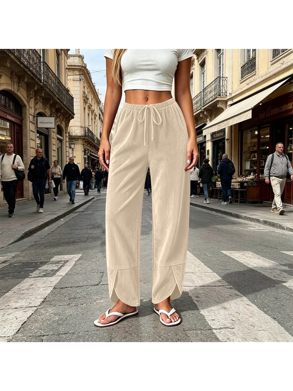 Women's Corduroy Pants Elastic Waist Drawstring Baggy Pant Curved Split Hem Fall Trousers with Pockets Khaki S