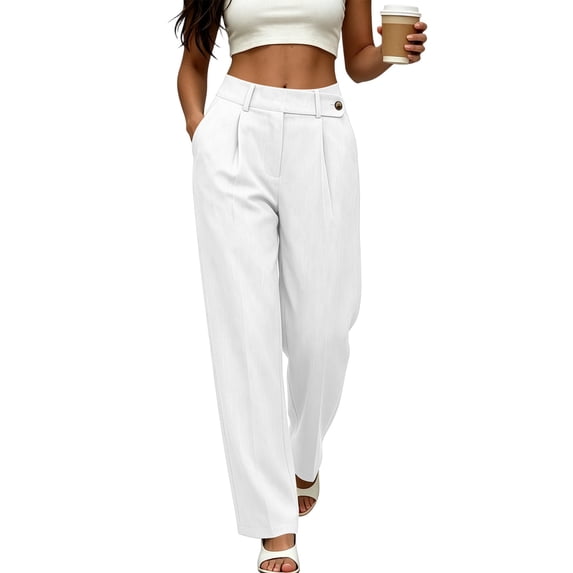 Oiangi Women's Dress Pants High Waisted Work Trousers Loose Fit Casual Business Slacks with Pockets for Fall White M