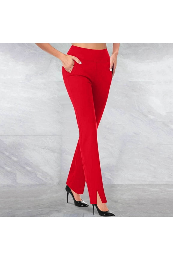 Women's Dress Pants Straight Leg Slimming Slacks Elastic Waist Pockets Trousers with Split Hem Red L