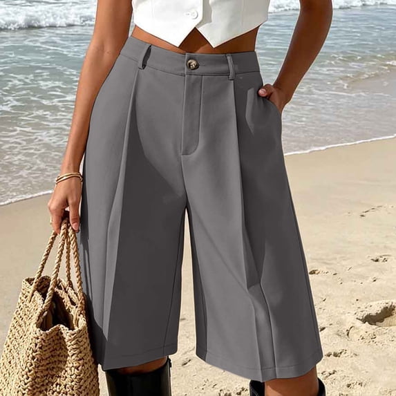 Oiangi Women's Dressy Casual Shorts Pleated Wide Leg Bermuda Shorts Zipper Button Waistband Basic Shorts with Pockets Gray L