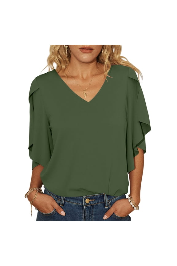 Women's Dressy Shirts 3/4 Split Sleeve V Neck Blouses Casual Business Work Tops Army Green S