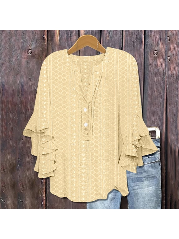 Women's Eyelet Floral Print Tops 3/4 Wave Bell Sleeve V Neck Shirts Fall Casual Flowy Boho Blouses Yellow M