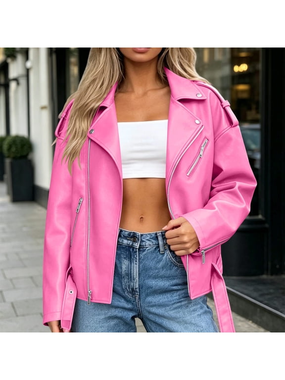 Women's Faux Leather Motorcycle Jacket PU Casual Full-Zip Biker Coat,Available Size in S-5XL Pink L
