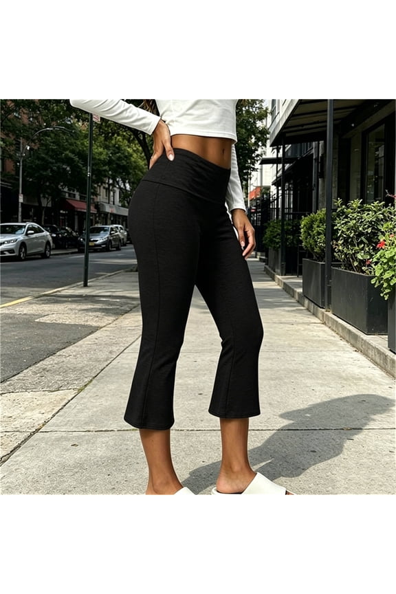 Women's Flare Leg Capris Folded Over Low Rise Gaucho Pants Summer Fitted Cropped Trousers Black XL