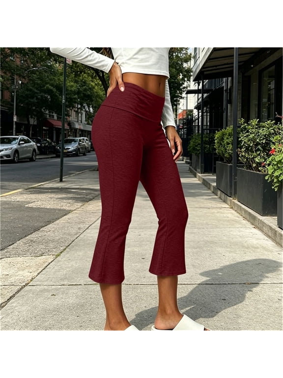Women's Flare Leg Capris Folded Over Low Rise Gaucho Pants Summer Fitted Cropped Trousers Wine L