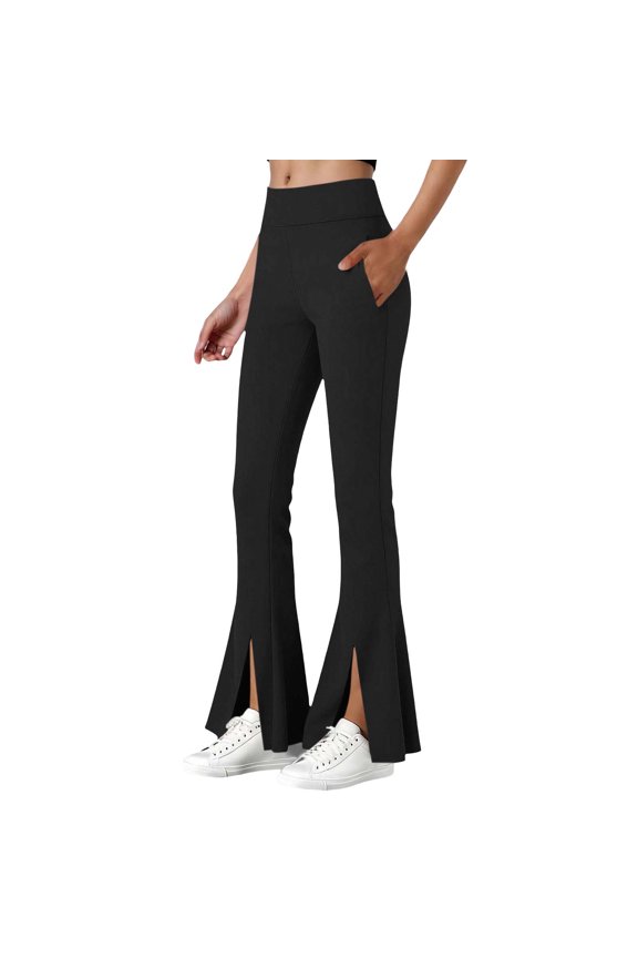 Women's Flare Leggings with Pockets Elaastic Waist Split Hem Yoga Pants Slimming Stretchy Workout Bottoms Black L