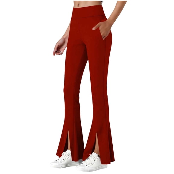 Oiangi Women's Flare Leggings with Pockets Elaastic Waist Split Hem Yoga Pants Slimming Stretchy Workout Bottoms Red M