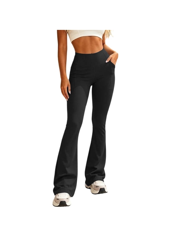 Women's Flare Leggings with Pockets High Waist Stretchy Workout Yoga Pants Butt Lift Bell Bottoms Pant Black M