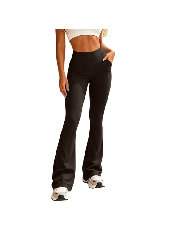 Women's Flare Leggings with Pockets High Waist Stretchy Workout Yoga Pants Butt Lift Bell Bottoms Pant Brown S