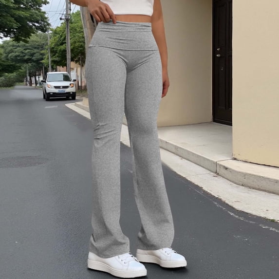 Oiangi Women's Flare Pants Casual Elastic Waist Workout Bottoms Comfy Stretch Bootcut Trousers Gray M