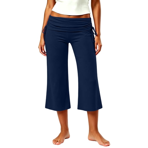 Oiangi Women's Foldover Capris Side Drawstring Low Waist Yoga Pants Stretchy Wide Leg Gaucho Pant Navy M